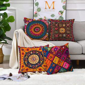 ボヘミアン調マンダラ柄 抽象的 カラフル 幾何学柄 フローラル 片面プリント クッションカバー 4枚セット、伝統的なパターン - ソフトで快適なポリエステル製、45x45cm、ジッパー付き、洗濯機洗い可、ホームデコレーション、リビング、寝室、パティオ、ガーデン、オフィス、カフェ、ホテル、屋外に適しています(クッションカバーのみ - 中身は含まれません)