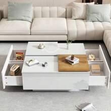 Modern Square Coffee Table In Glossy White Wood With A Shelf Measuring 75 X 75 X 33.5 Cm, Small Sliding Tray, Maximum Load Capacity 30 Kg. - White - View 3