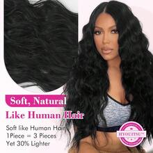 Black Hair Extensions, 20" Single Piece Clip In Hair Extensions Thick Long Beach Wavy Natural Soft Synthetic Hairpieces For Women, Natural Black,NaturalBlack-Wavy - 自然黑波 - 查看 3