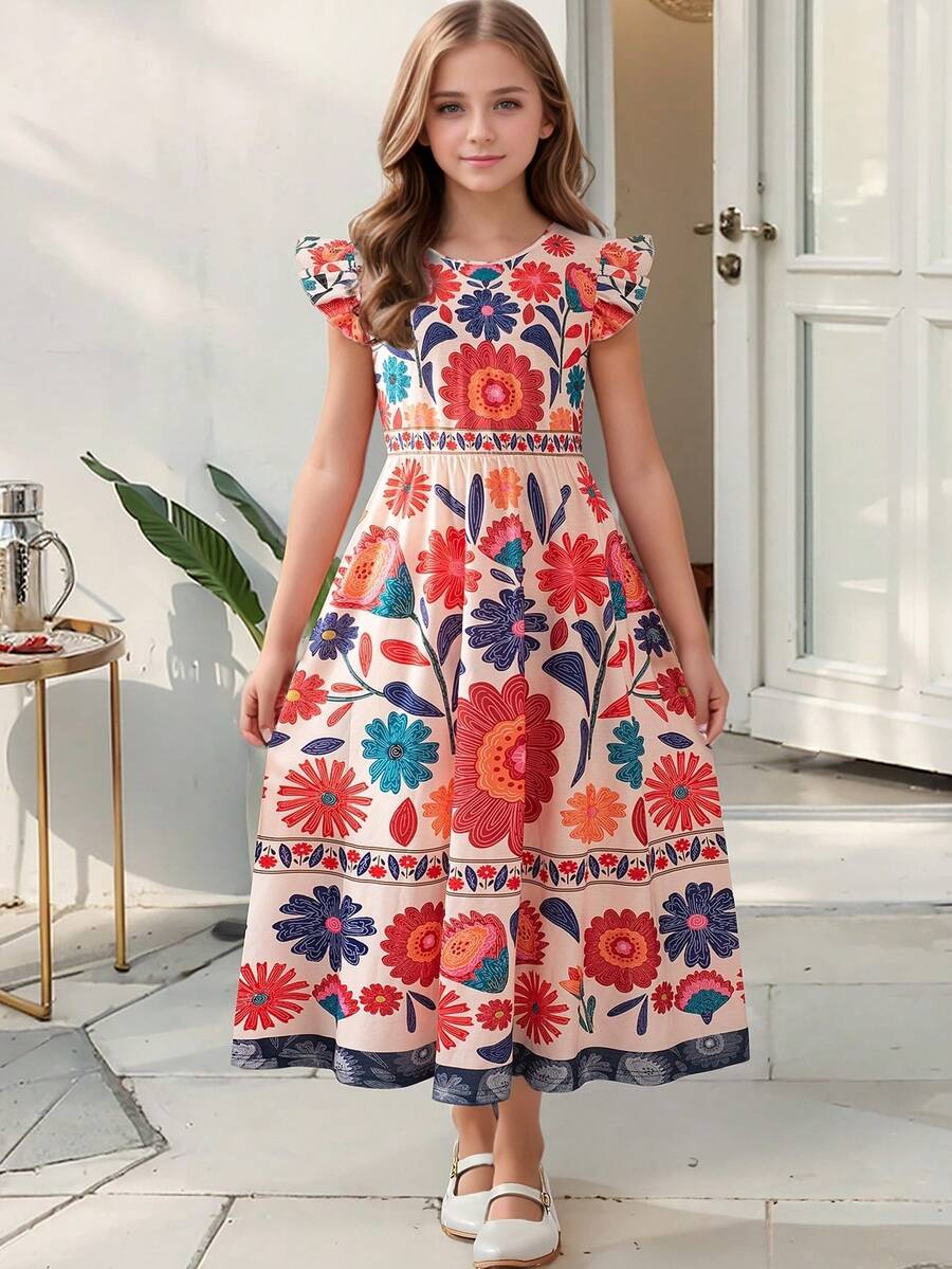 Kilottor Đầm dài thường ngày họa tiết hoa Bohemian cho bé gái, Xuân/Hè - trái cam - Xem 1