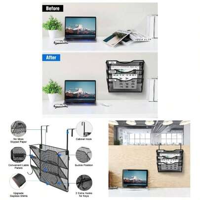 Wall File Organizer 3 Pockets, Mail Organizer, Hanging Folder Holder, Foldable Hanging Or Wall Mounted Label Panel 2 Hooks Office Home School Organizer, Black