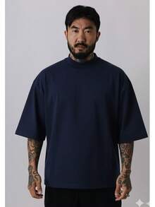 Premium High Neck Over Boxy T-Shirt - 藏蓝色 - 查看 1