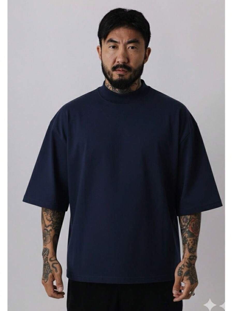 Premium High Neck Over Boxy T-Shirt - 藏蓝色 - 查看 1