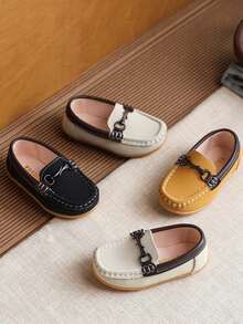 1 Pair Toddler Girls/Boys Soft Bottom Anti-Slip Casual Fashion Flat Round Toe Stitching Loafers, Minimalist Outdoor Sneakers Suitable For Spring & Autumn - Beige - View 1