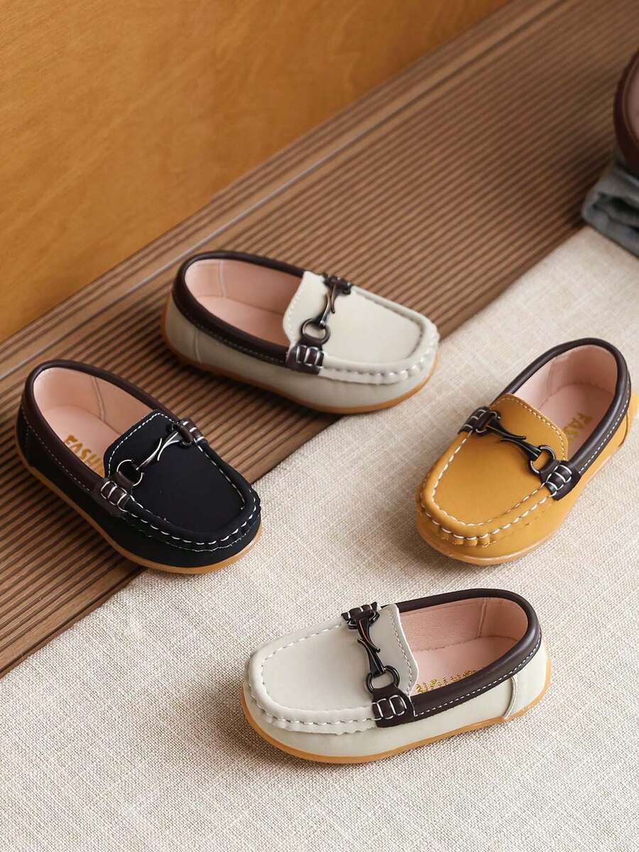 1 Pair Toddler Girls/Boys Soft Bottom Anti-Slip Casual Fashion Flat Round Toe Stitching Loafers, Minimalist Outdoor Sneakers Suitable For Spring & Autumn - Beige - View 1