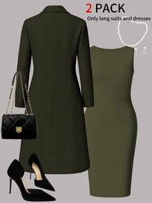 Women's Elegant 2-Piece Set, Solid Color Long Sleeve Cardigan Blazer Jacket + Sleeveless Midi Dress, Autumn/Winter Spring - Green 29 - View 4