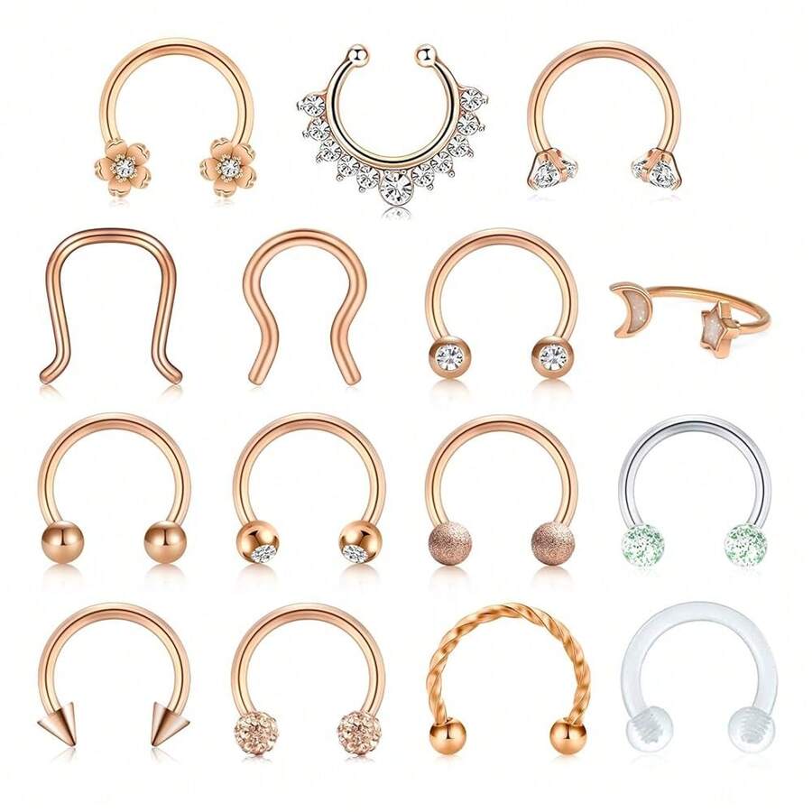 Mayhoop 16G 20Pcs Surgical Steel Nose Rings Septum Rings Captive Bead Rings Horseshoe Piercing Jewelry Cartilage Helix Daith Tragus Earring Hoop Lip Hinged Seamless Nose Hoop Ring For Women Men,Rosegold(15Pcs) - 玫瑰金(15件) - 查看 1