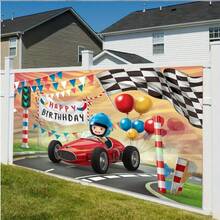 1 pieza de Pancarta de fondo para fiesta de cumpleaños de coche de carreras en 2D - Decoración de poliéster vibrante con letrero de "Feliz Cumpleaños", banderas a cuadros y globos, perfecta para el hogar, la habitación y la decoración de paredes, telón de fondo para fiesta de adolescentes | Escena de carreras dinámica | Pancarta de poliéster, decoraciones para fiesta de cumpleaños - 1 pieza - Ver 6