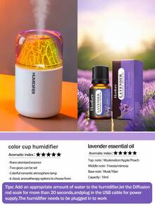 1个180毫升车载火山加湿器，USB供电，2种工作模式，7色LED灯，缺水智能断电，静音喷雾，家用电动空气清新剂，火山效果香薰灯和精油扩散器，非常适合房间装饰、办公室、客厅、桌面、汽车使用，送给女性的礼物。