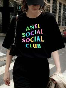 Anti Social Club T-Shirt Or  Graphic Print T-Shirt, Premium Fabric, Artistic Print, Urban Hip-Hop Style, Breathable - 黑色 - 查看 1