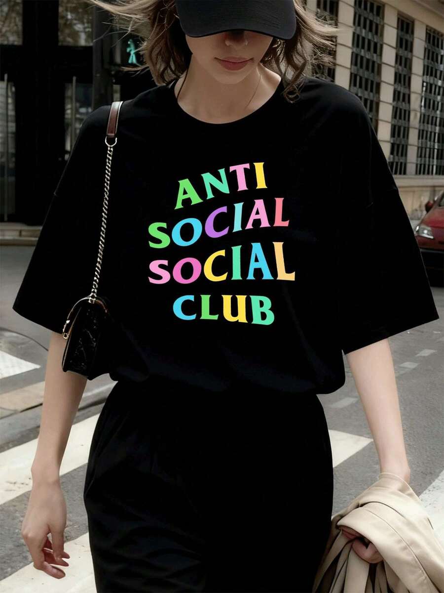 Anti Social Club T-Shirt Or  Graphic Print T-Shirt, Premium Fabric, Artistic Print, Urban Hip-Hop Style, Breathable - 黑色 - 查看 1