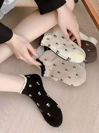 5 Pairs Women's Short Socks, Lace Trim Socks, Floral Pattern Low Cut Ankle Socks, Cute Daisy Design Boat Socks, Girly Short Socks