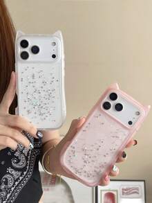 Minimalist Cute Cat Ear Transparent Phone Case Compatible With IPhone 17 Pro Max/17 Pro/17/16 Pro Max/16/16 Pro/16 Plus/15/15 Pro Max/15 Pro/15 Plus/11/12/13/14 Pro Max/11 Pro/11 Pro Max/12 Pro/12 Pro Max/13 Pro/13 Pro Max/14 Pro/14 Pro Max/14 Plus, Creative Soft Cover - Transparent - Sparkling - View 3