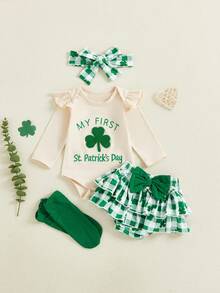 Conjunto de ropa para bebé niña con bordado de trébol y letras, falda a cuadros, calentadores de piernas y diadema para el primer día de San Patricio - Caqui - Ver 6