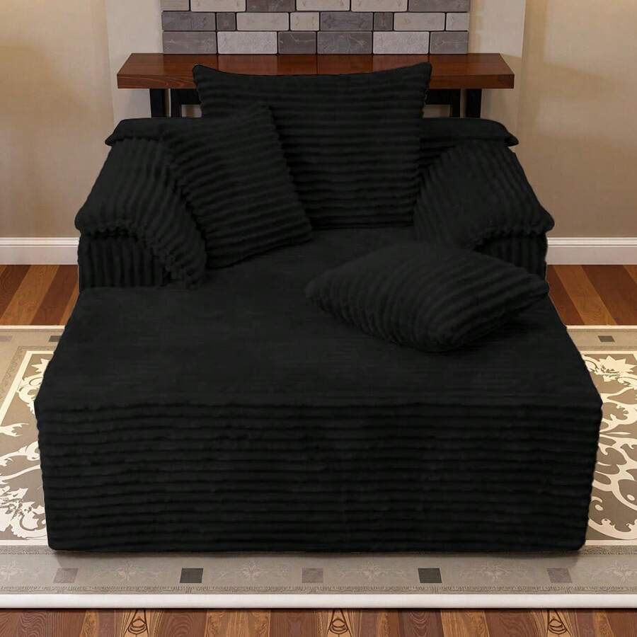 48.4" Oversized Cloud Chaise Lounge Chair For Adults, Plush Corduroy Sofa Bed With 3 Throw Pillows & Armrests, Multi-Functional Lounger Sleeper For Living Room, Bedroom & Apartment, No Assembly Required - màu đen - Xem 1