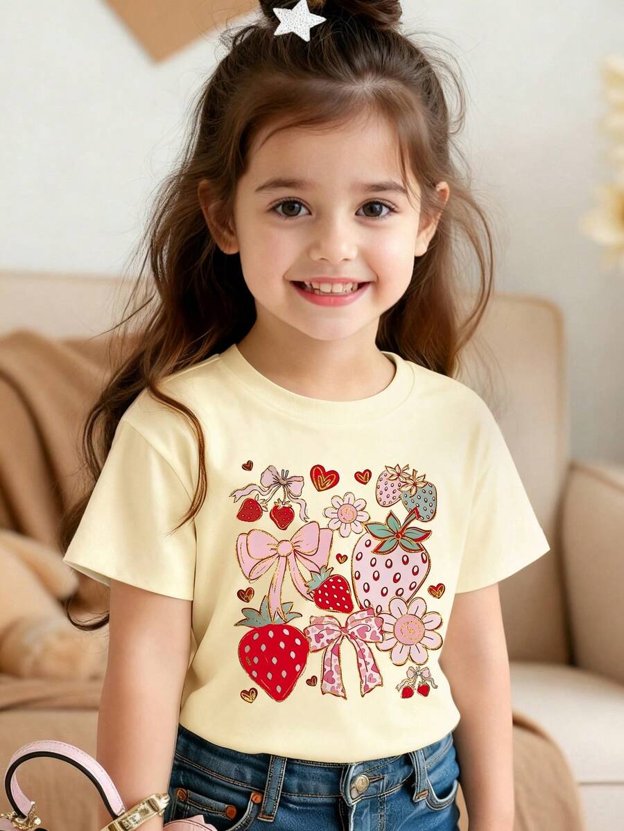 女童草莓蝴蝶结印花短袖休闲T恤 - 杏色 - 查看 1