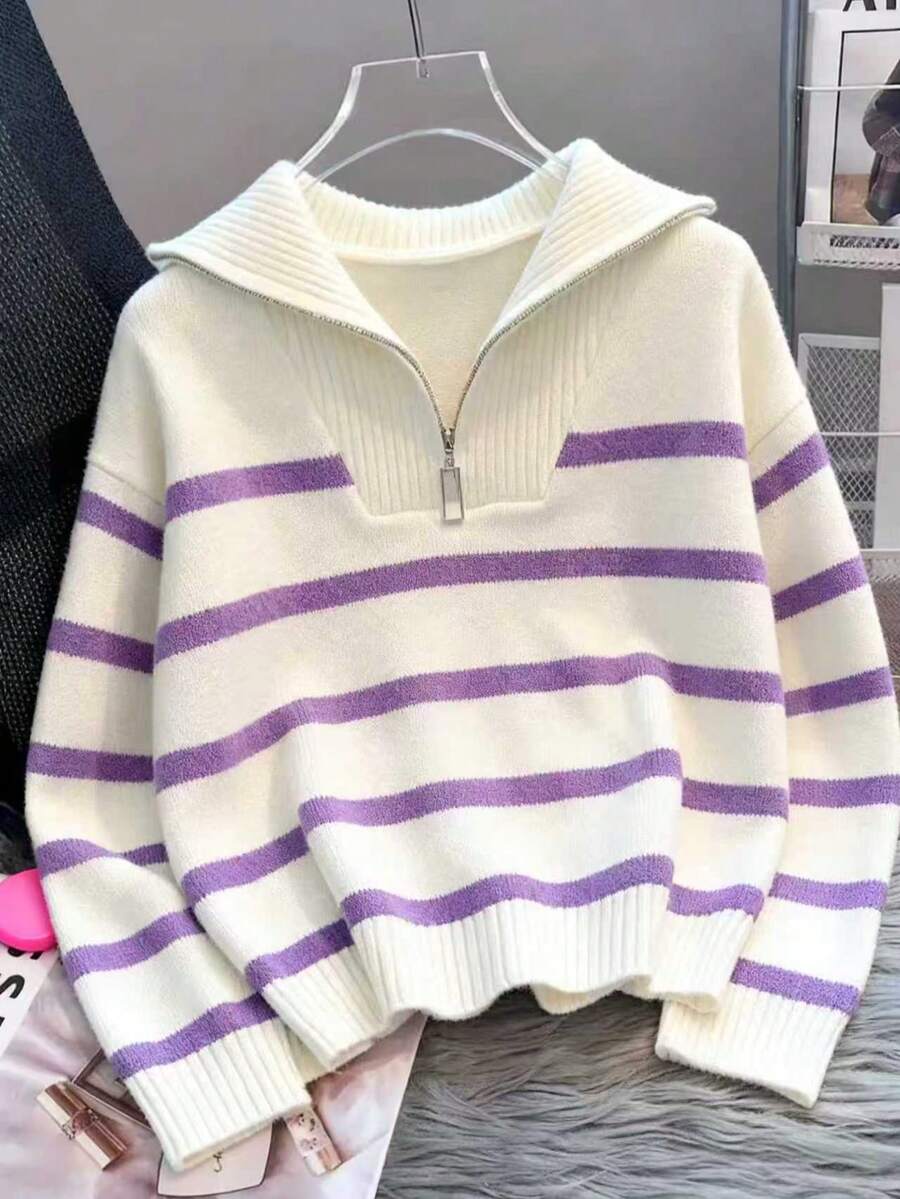 秋冬新款拉链女条纹针织毛衣，时尚简约套头衫，百搭 - 淡紫色 - 查看 1