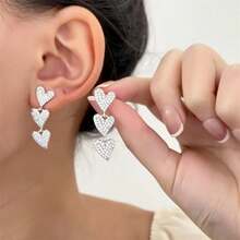 1 Pair Silver Rhinestone Heart Stud Earrings, Fashionable Tassel Earrings With Unique Heart Design, Elegant Jewelry - Multicolor - View 2