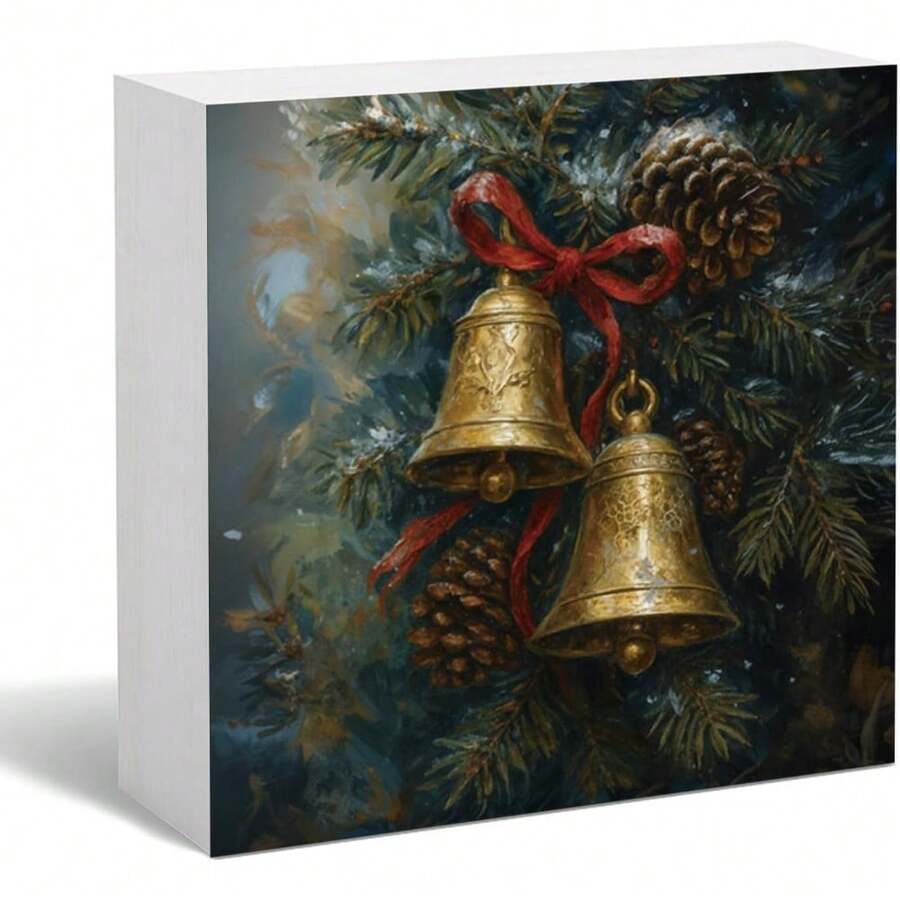 1pc Vintage Christmas Bells Wooden Box Sign, Vintage Christmas Decor, Rustic Winter Xmas Pinecones Holiday Wood Block Box Sign For Home Bedroom Office Desk Shelf Tabletop Wall Decor, 5*5 Inches/12.7*12.7cm - White - View 1
