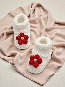 1双手工编织婴儿鞋，花卉图案，白色婴儿床鞋 - 紅色 - 查看 3