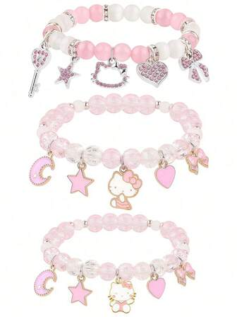  三丽鸥 (Sanrio) 1 件装 Hello Kitty 可爱 Kitty 手链套装，包含水晶珠和弹性友谊手链，适合生日、圣诞节等场合，可作为送给女孩、女朋友、闺蜜或姐妹的礼物。