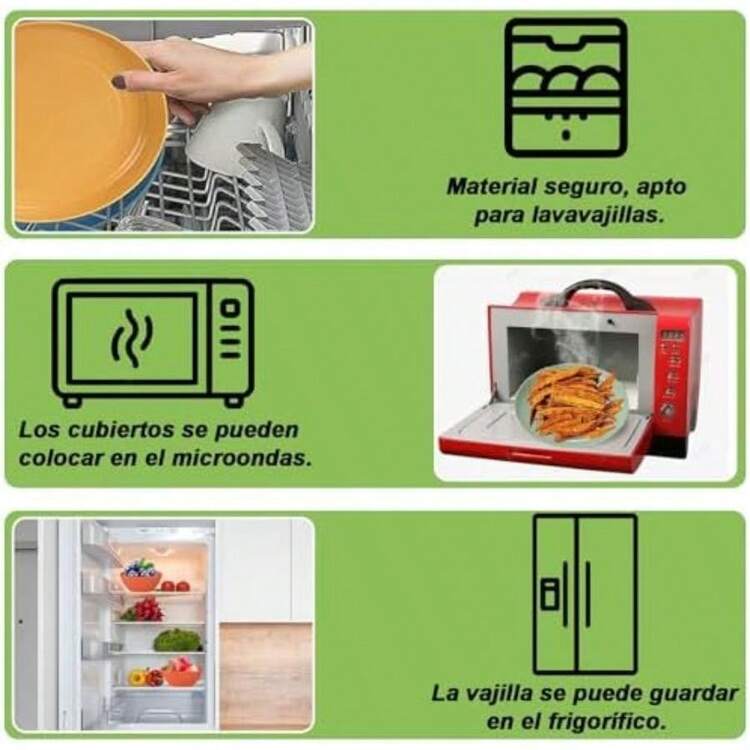 COREJOY Juegos de vajilla de paja de trigo PK,juego de cubiertos de paja para 6,cubiertos reutilizables,incluye ón, plato, cuchara, tenedor, taza, palillo, caja de cubierto, apto para lavavajilla(48) - Multicolor - Añade 4