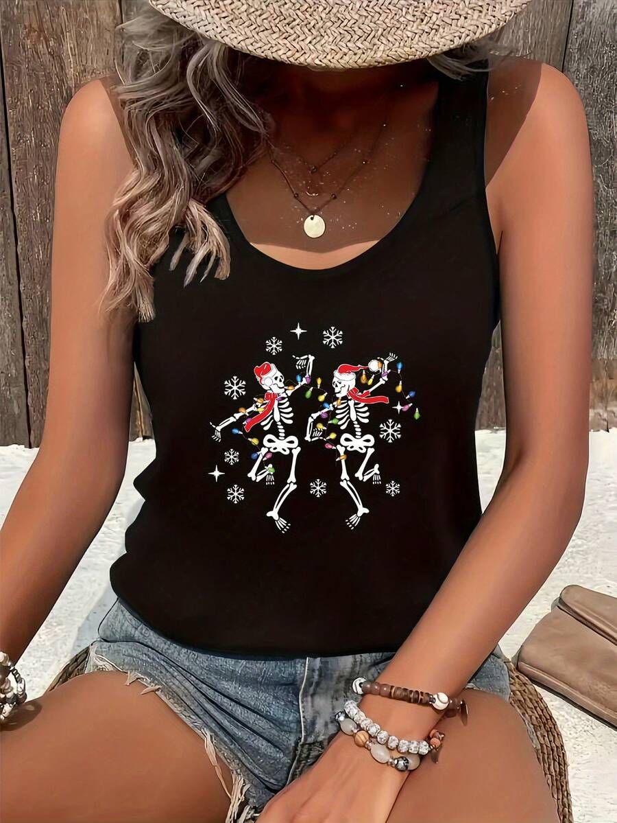 Women's Christmas Party Top - Sleeveless Tank Shirt With Dancing Skeletons In Santa Hats, Funny Holiday Outfit For Halloween Xmas Events - Machine Washable Black Party Clothing - 黑色 - 查看 1