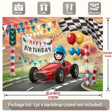 1 pieza de Pancarta de fondo para fiesta de cumpleaños de coche de carreras en 2D - Decoración de poliéster vibrante con letrero de "Feliz Cumpleaños", banderas a cuadros y globos, perfecta para el hogar, la habitación y la decoración de paredes, telón de fondo para fiesta de adolescentes | Escena de carreras dinámica | Pancarta de poliéster, decoraciones para fiesta de cumpleaños - 1 pieza - Ver 4