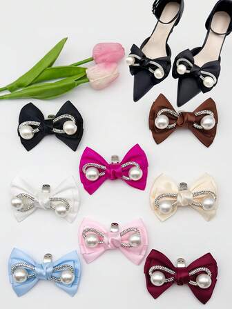 2个优雅珍珠水钻蝴蝶结鞋夹，可拆卸鞋夹，新娘婚礼派对高跟鞋配饰