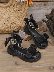 1 par de sandalias de moda con suela gruesa para niñas de talla grande, en color negro, con tiras de malla con volantes, lazo de tela en el talón, perla, cierre, diseño de punta redonda simple, cómodas y lindas sandalias romanas para la playa, adecuadas para niñas de 3 a 15 años, primavera/verano - Negro - Ver 5