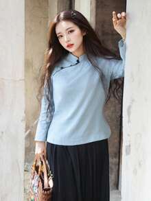 LUCIDVUE 1 Stück Damen Chinesischer Vintage Stil Mandarin Kragen Schräger Knopfleiste Jacquard Blau Leinen Bluse, elegantes verbessertes Hanfu, Frühling/Herbst - Blau - Übersicht 4