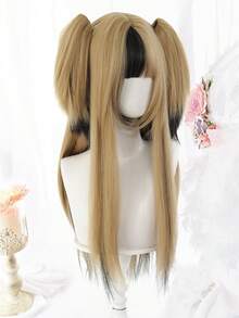 28Inch Black Coffee Blonde Mixed Synthetic Wigs With Bangs And Double Ponytails Long Straight Hair Wig Suitable For Women Heat Resistant Daily Party Christmas Cosplay