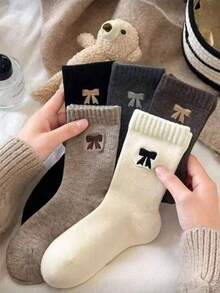 3 Pairs Assorted Bow Accent Warm Fuzzy Retro Brown Tone Mid-Calf Socks, Korean Style, Autumn/Winter
