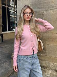 Women's Pink Knitted Cardigan, Casual Daily Wear & Date Outfit, Long Sleeve Front Button Sweater - Pink - View 4