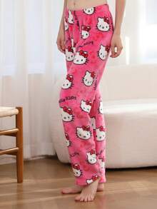 Sanrio 1pc Hello Kitty Officially Licensed Flannel Pants For Teen GirlCute Cartoon Thick Casual Lounge Pants For Girls, Autumn/Winter
