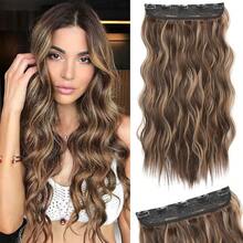 Clip In Hair Extensions, 20" One Piece Hair Extension Clip In Wefts Long Thick Beach Wavy Natural Soft Synthetic Hairpieces For Women, Chocolate Brown With Blonde Highlights,ChocolateBrownwithBlondeHighlights-Wavy - 巧克力棕色帶金色挑染 - 波浪捲 - 查看 1