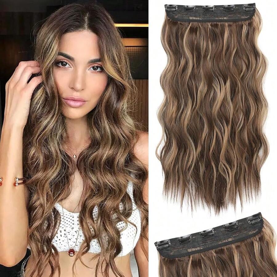 Clip In Hair Extensions, 20" One Piece Hair Extension Clip In Wefts Long Thick Beach Wavy Natural Soft Synthetic Hairpieces For Women, Chocolate Brown With Blonde Highlights,ChocolateBrownwithBlondeHighlights-Wavy - 巧克力棕色帶金色挑染 - 波浪捲 - 查看 1