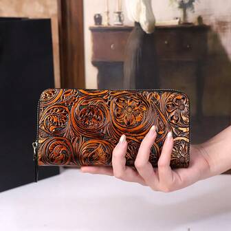 2025 复古新款时尚真皮雕花女士钱包，长款钱包，雕花民族风卡包，真皮手拿包