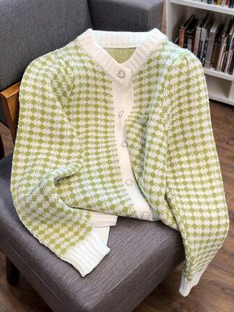 JIANHU 春季新款粉白格子毛衣开衫配心形纽扣，甜美少女风，柔软复古长袖针织衫