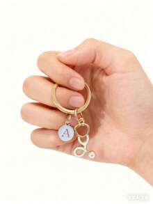 个性化字母钥匙扣：医生、护士、听诊器、钥匙扣、医疗救援人员、钱包装饰、听诊器钥匙、钥匙圈 - 白色 - 查看 11