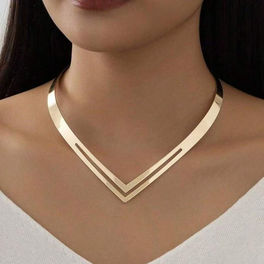 Women's Double Choker In V-Shape, Modern Minimalist Design - 金色 - 查看 1