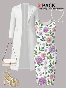 Plus Size Women's Spring/Summer Long Dress 2-Piece Set: Casual Versatile Long Solid Color Cardigan Jacket + Loose Round Neck Sleeveless Printed Long Elegant Dress