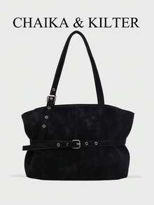 Bolsa tote feminina CHAIKA & KILTER em camurça sintética de cor sólida, estilo retrô, com alça dupla, fechamento em zíper e detalhe decorativo na alça. Ideal para uso diário e em atividades ao ar livre. - Preto - Ver 2