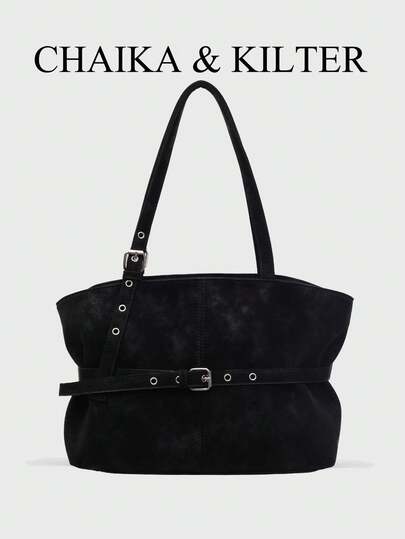 CHAIKA & KILTER 纯色绒面革手提包，女士复古时尚单肩手提包，双提手设计，拉链封口，肩带装饰，适合日常和户外使用