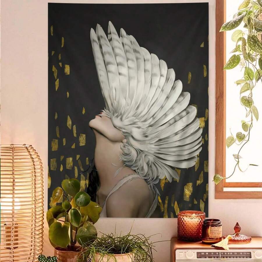 Flowers Feathers Woman Abstract Printed Large Wall Tapestry Hanging Tarot Hippie Wall Rugs Dorm Cheap Hippie Wall Hanging - White - View 1