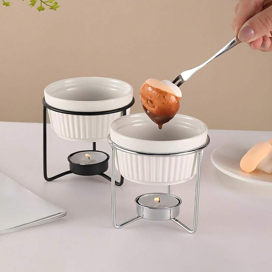 1-Piece Ceramic Chocolate Cheese Fondue Set (No Candle) Includes A Butter Warmer, Butter Melter, Cheese Warmer, And A Creative Ceramic Fondue Pot. Perfect For Making Hot Cheese/Butter Chocolate And Caramel Products, It's An Ideal Choice For Dessert Lovers. A Kitchenware Set, A Must-Have For Home Cooking. - Multicolor - View 1