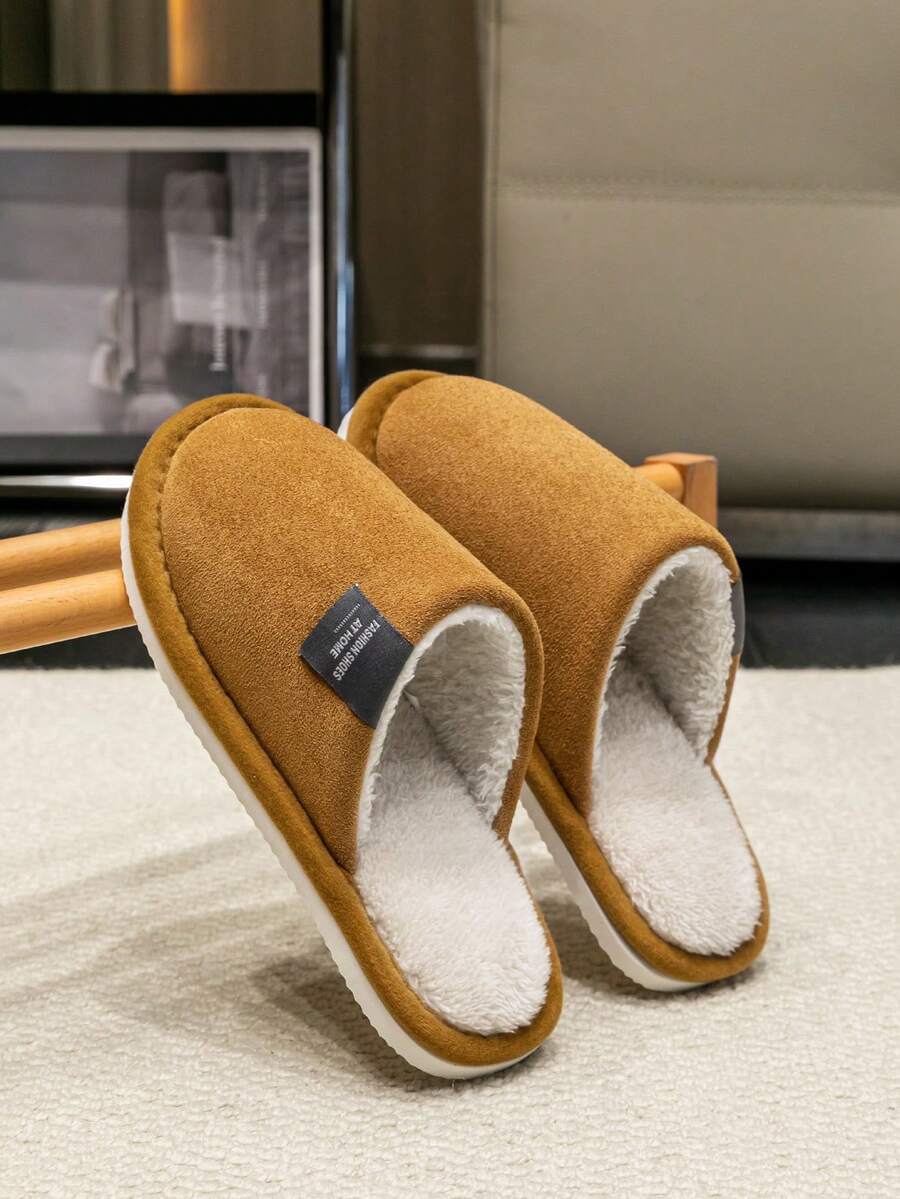 Dép đi trong nhà cho nam mùa thu/đông, dép đi trong nhà đế mềm Unisex, dép lê trơn màu chất liệu da lộn cao cấp - Màu Khaki - Xem 1