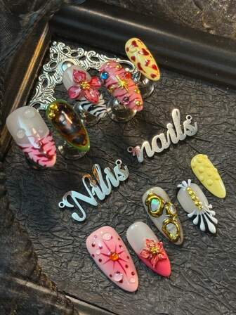 10pcs Handmade Women's Wearable Nail Stickers Fully Covered And Reusable, Almond Nail Rose Red&Yellow&Black, White&Black French Hand Drawn Zebra Stripes&Star Lights 3D Retro Jewelry Decoration Rhinostone Decorations Blooming Wealth, Hand Carved Flower Steel Ball Design Luxurious High-Quality Handmade Nails, Y2K Baddie Style, Suitable For Holidays, Equipped With 1 Jelly Pad And 1 Nail File, Suitable For Women And Girls