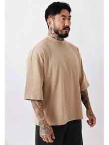 Premium High Neck Over Boxy T-Shirt - Màu be - Xem 2
