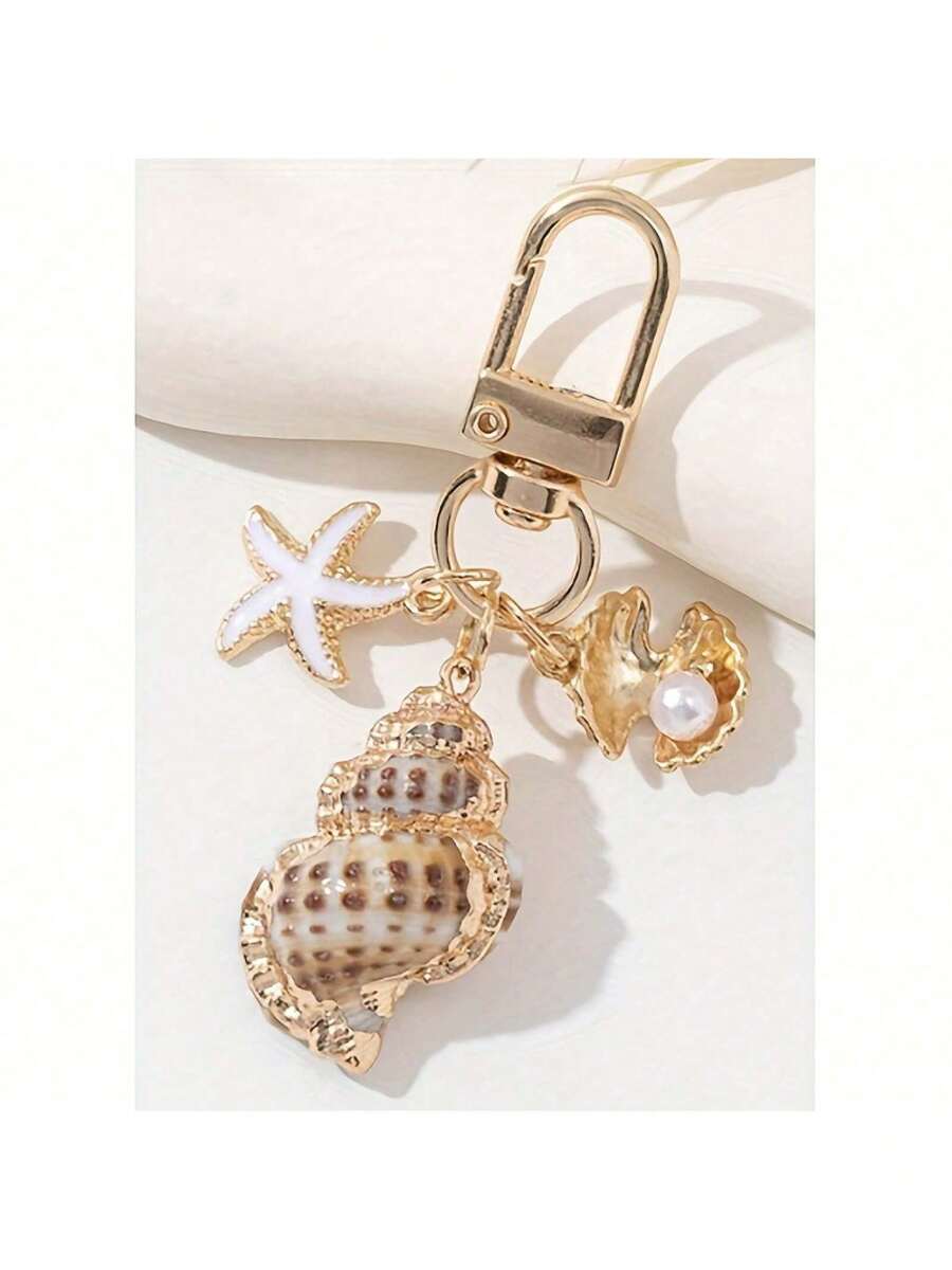 Beach Shell & Starfish Keychain – Gold Ring Charm For Women's Handbags, Summer Vacation Accessory, Beach Jewelry, Cute Bag & Key Decor - 混合顏色 3 - 查看 1